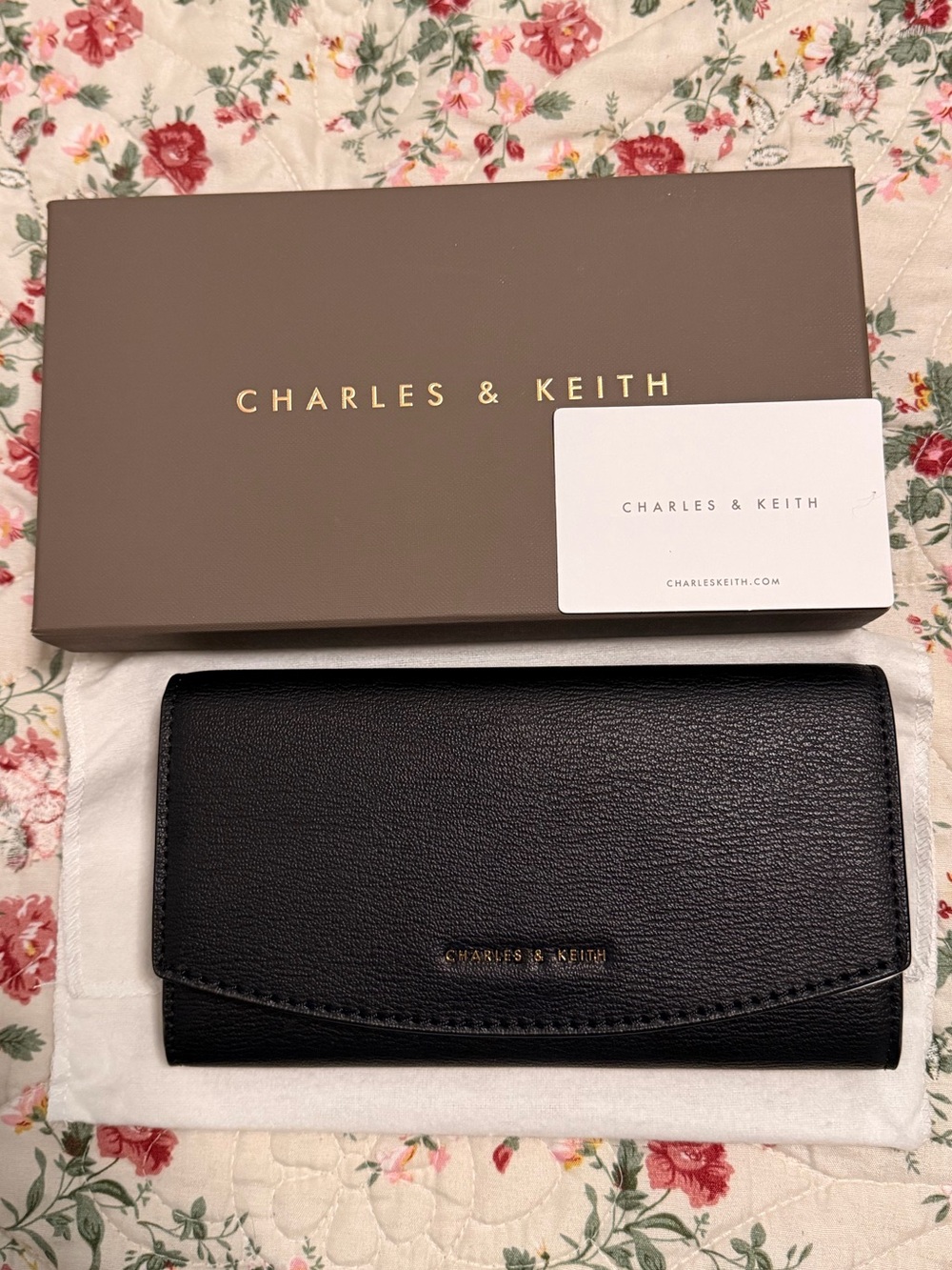 Charles & Keith Black Pebbled Leather Wallet with Gold Logo